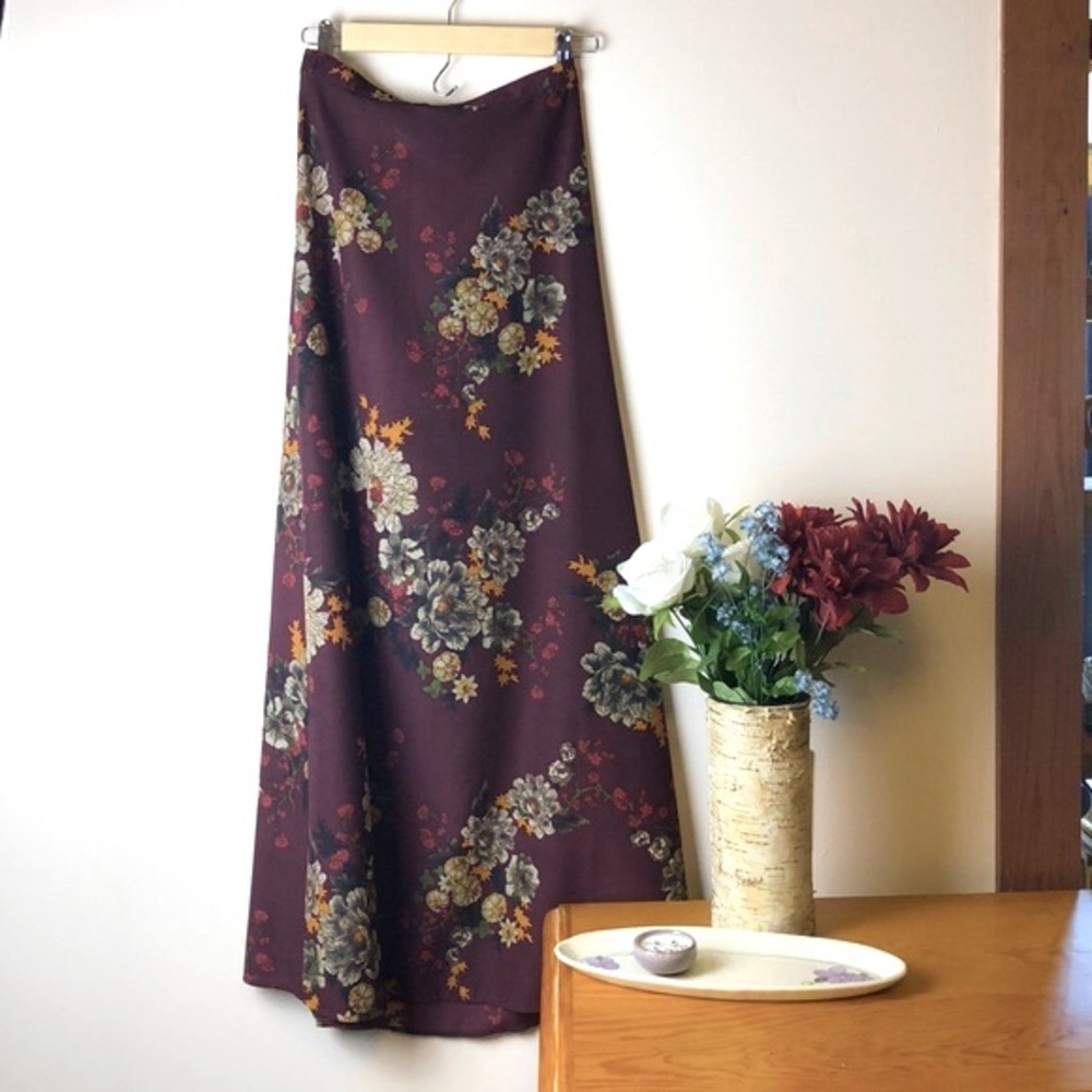 Burgundy Floral Chiffon Maxi Skirt Floral